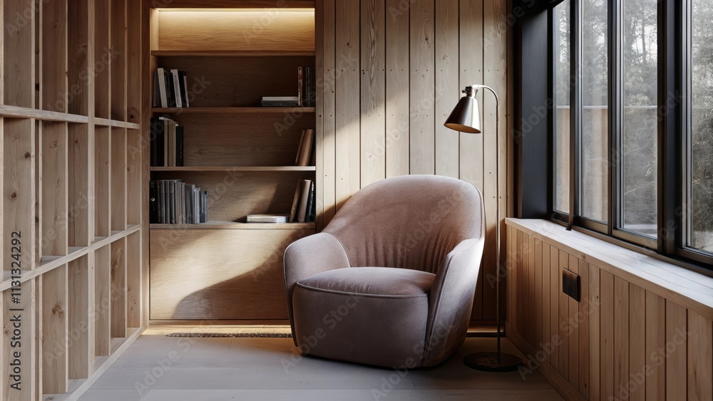 Fototapeta premium A cozy reading nook with a plush oversized armchair in soft velvet a minimal bookshelf showcasing a curated selection of books and a floor lamp with a metallic finish all bathed in