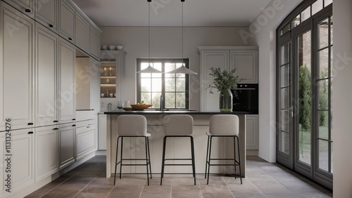 An open kitchen highlighting white cabinetry with black hardware a striking black island with three simple white barstools and large windows that illuminate the space with natural