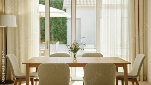 A serene dining area with a simple wooden table surrounded by unadorned chairs. A single floral arrangement sits in the center while soft natural light streams in from large glass