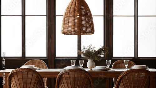 A dining area with a rustic wooden table surrounded by woven chairs elegantly set with simple white dinnerware and fresh flowers illuminated by a large airy chandelier made of