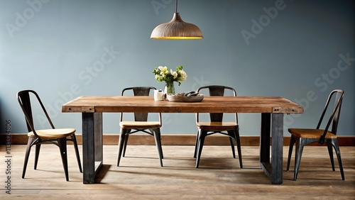 An inviting dining area showcases a rustic wooden table set for six surrounded by mismatched vintage chairs. A statement pendant light hangs above casting a warm glow over fresh
