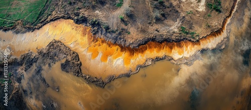 Aerial view of river flood erosion showcasing agricultural fields and dam reservoir effects on alluvial soil with cloudy backdrop