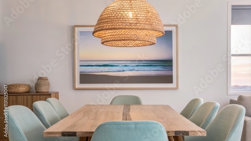 A tranquil dining room featuring a reclaimed wooden table surrounded by mismatched chairs in soft pastels. A large pendant light made of woven natural fibers hangs above casting a