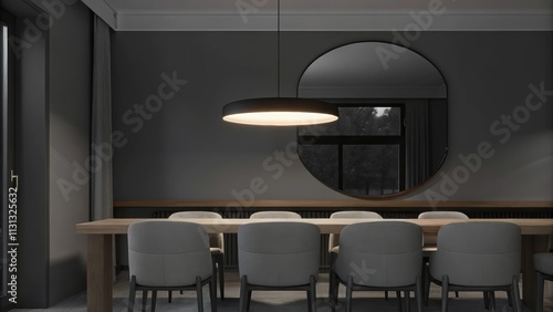 An elegant dining area features a long rectangular table crafted from light wood surrounded by cushioned chairs in various shades of beige. A large round pendant light hangs above