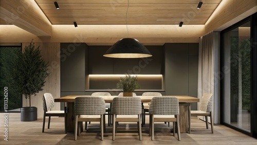 A spacious dining area featuring a rustic wooden table set for six surrounded by mismatched chairs. Overhead an industrialstyle pendant light hangs from a beamed ceiling providing