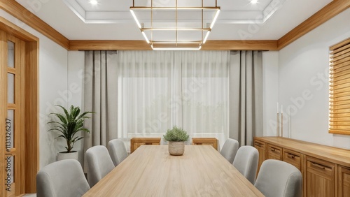 A serene dining area with a long natural wood table surrounded by upholstered chairs in soft gray. Above a simple modern chandelier illuminates the space while potted greenery
