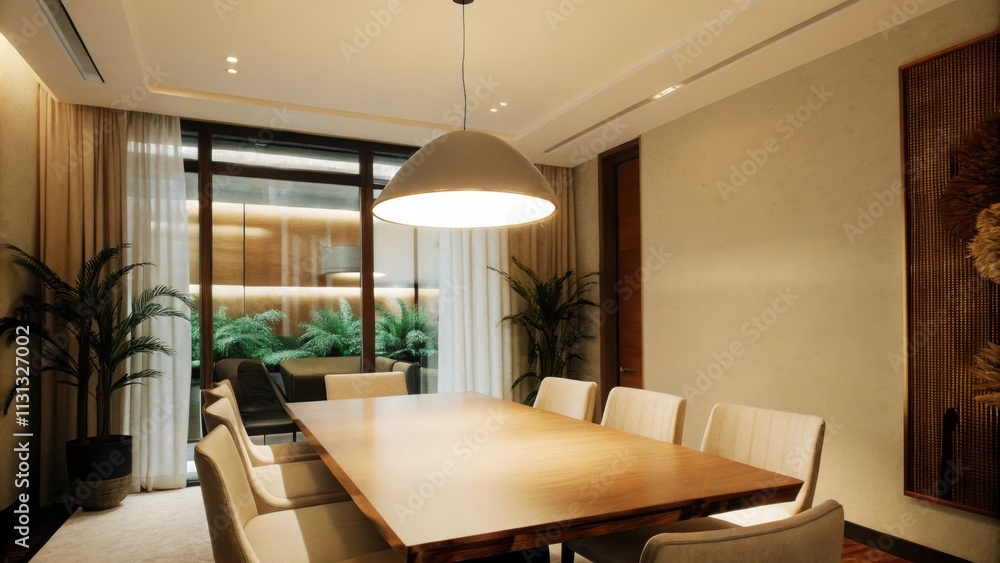 Fototapeta premium An elegant dining area showcases a sleek rectangular wooden table surrounded by simple upholstered chairs with a single pendant light hanging overhead and a large window allowing