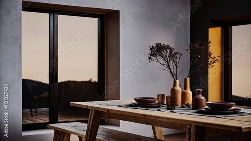 An earthythemed dining room featuring a reclaimed wood table set with clay dishware soft tan walls and an earthy centerpiece of gathered twigs and dried flowers all bathed in
