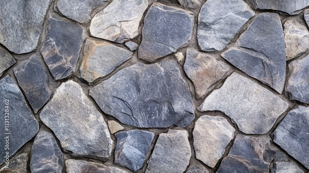 Fototapeta premium Textured stone wall surface with irregularly shaped slate stones in shades of gray arranged in a natural pattern for design backgrounds