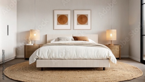 A serene bedroom showcasing a platform bed with white bedding and a chunky knit throw flanked by minimalist bedside tables with lanternstyle lamps complemented by soft warmtoned photo