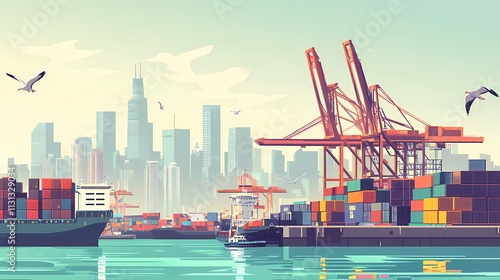 Wallpaper Mural Vibrant Port Scene with Cargo Containers and City Skyline in Background, Illustrating Maritime Trade and Urban Development by the Water's Edge Torontodigital.ca
