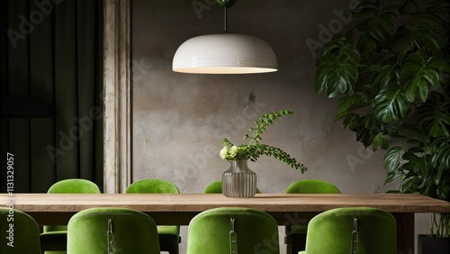 An inviting dining area showcasing a sleek elongated wooden table surrounded by elegantly curved chairs set against a backdrop of textured walls in a soft taupe. A minimalist
