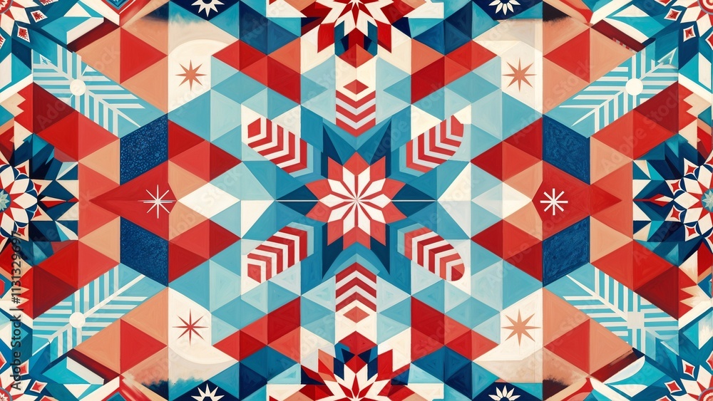 Obraz premium Colorful geometric pattern featuring stars and snowflakes in red, blue, and white tones