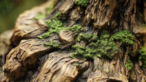 Textured wooden trunk adorned with vibrant green moss highlighting natural beauty and intricate details in a forest environment photo