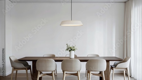 A minimalist dining area includes a sleek wooden table surrounded by lightcolored chairs. Overhead a simple pendant light casts a warm glow while a centerpiece of fresh flowers