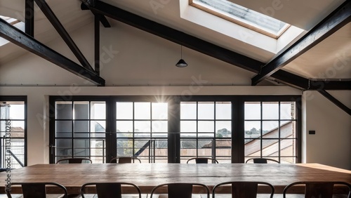 A lightfilled dining area with a long reclaimed wood table surrounded by simple metal chairs offering a direct view of the lofts architectural features such as exposed ductwork and