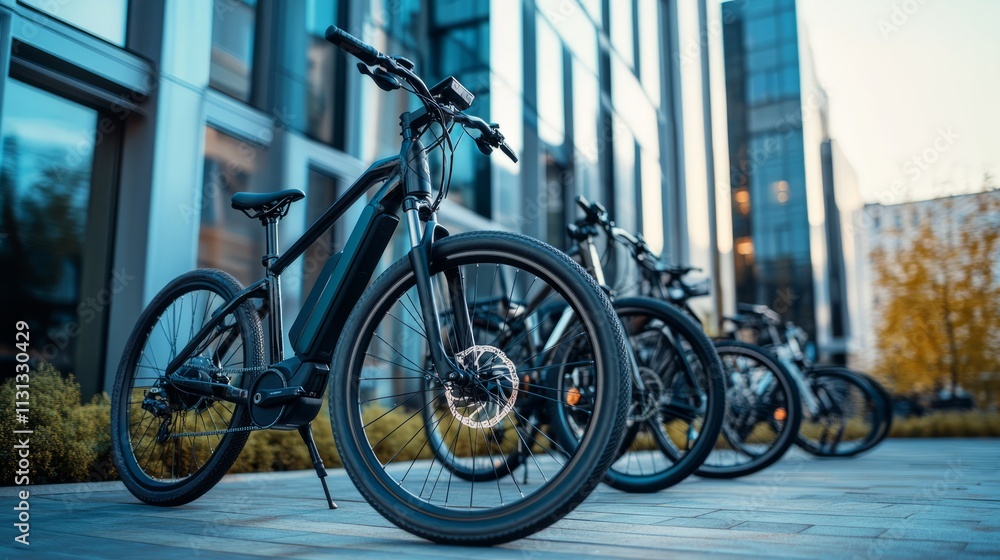 Fototapeta premium A row of parked electric bicycles in front of a modern office building, with clean, sharp lines in the background.