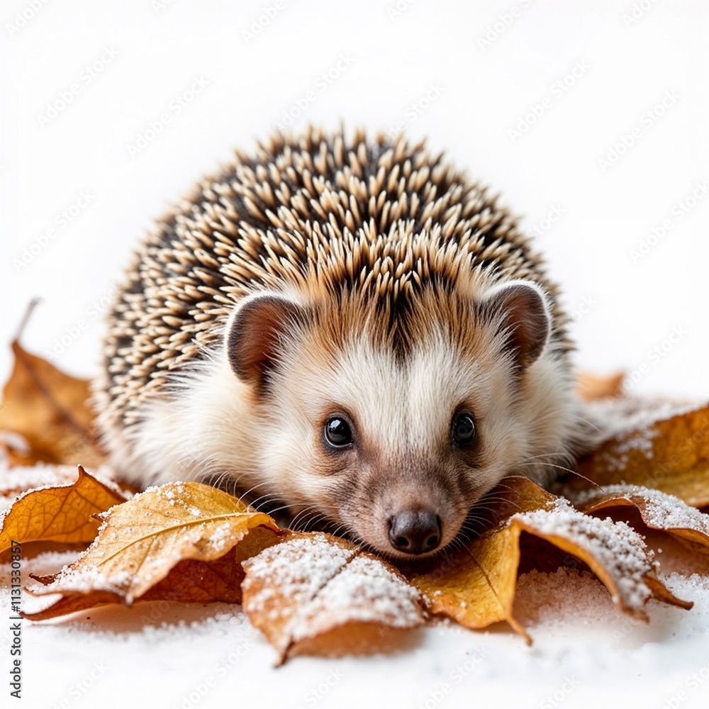 Obraz premium Cute hedgehog on autumn leaves with snow