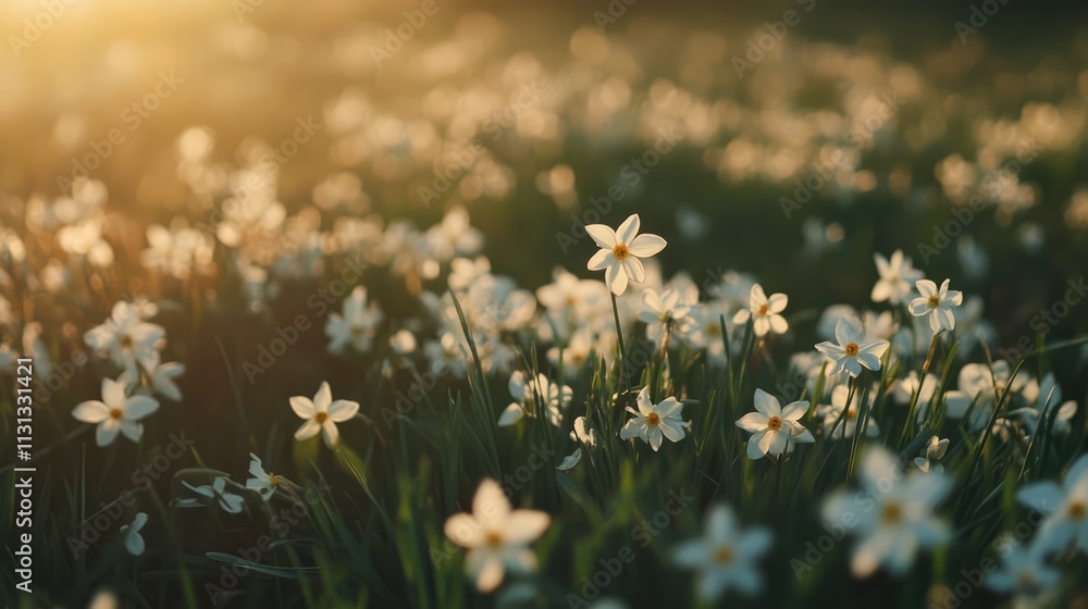 Obraz premium Sunlit field of delicate white narcissus flowers with soft focus background showcasing their natural beauty in a serene landscape scene