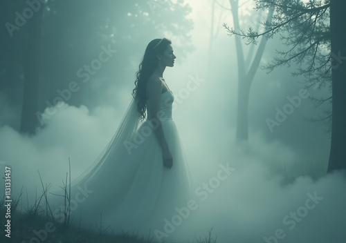 ethereal figure rises mist evoking mystery dreams surreal setting soft dreamy
