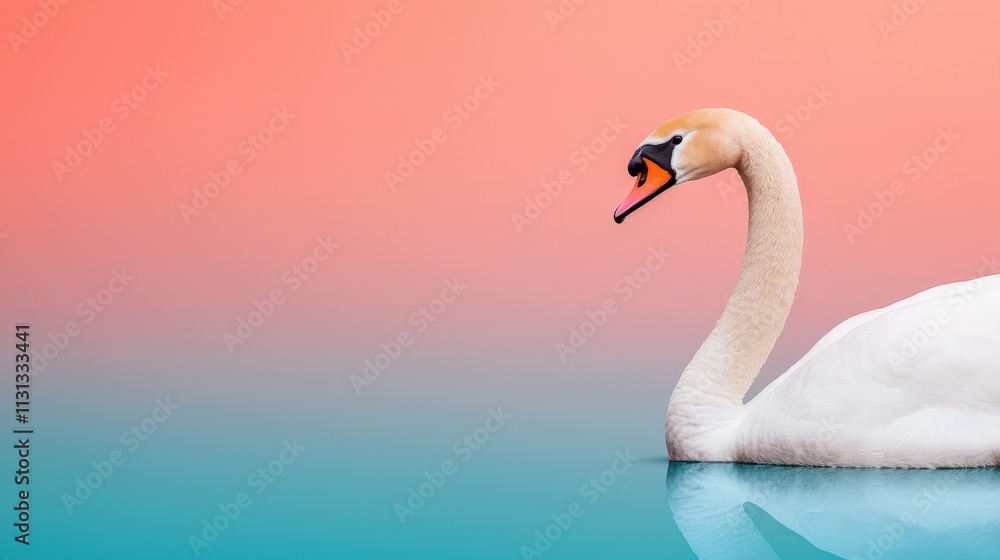 Obraz premium Watercolor texture and vibrancy, A serene swan glides gracefully on a calm water surface, set against a stunning gradient of pink and blue hues.