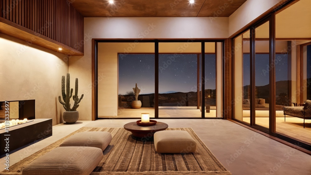 Fototapeta premium A meditation space with soft cushions and a low round table. Large windows frame the expansive night sky with the silence of the desert enhancing the tranquil atmosphere.