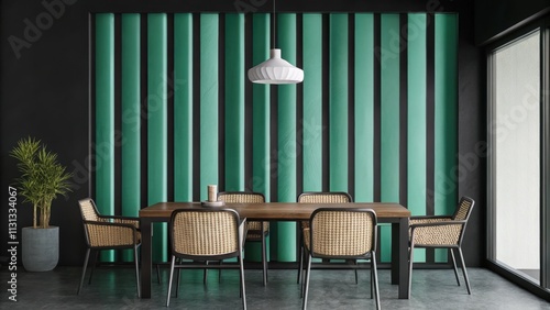 A chic dining area showcases a sleek wooden table paired with rattan dining chairs set against a backdrop of vibrant vertical greenery. A hanging pendant light adds modern elegance