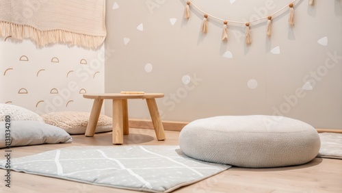 A childrens playroom filled with oversized soft floor cushions made of cotton and wool an organicshaped wooden table and walls adorned with playful natural textile wall hangings. photo