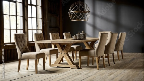 A sundrenched dining area with a long light wood table surrounded by upholstered dining chairs in muted earth tones. Above a geometric pendant light hangs in balance illuminating