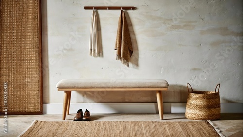 An inviting entryway with a smooth sandycolored bench flanked by minimalist coat hooks made of natural wood. A textured wall rug in earthy tones adds warmth while a small woven photo