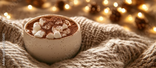 Cozy cocoa drink with marshmallows and cacao on sweater background surrounded by ambient lights for a warm holiday atmosphere photo