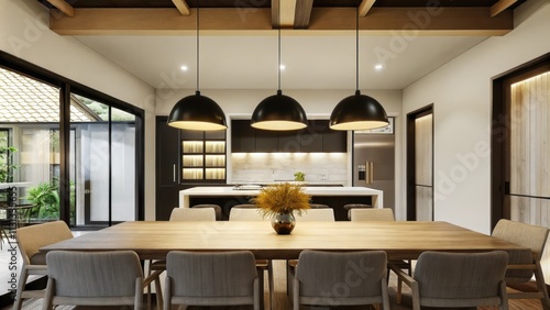 An airy dining area with a rectangular light wood table surrounded by chairs that complement the tables simplicity. Above a of symmetrical pendant lights hang casting a warm glow