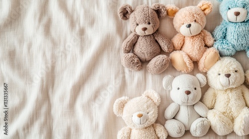 Arranging plushie toys cozy flat lay light-colored fabric indoor setting top-down view whimsical collection