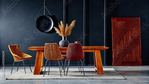 An airy dining area with a rustic wooden table complemented by elegantly simple chairs made of natural rattan. A centerpiece of dried grasses brings warmth while the floor is a