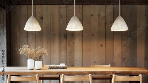 An airy dining area features a long handcrafted dining table made from reclaimed wood surrounded by simple wooden chairs. Minimalist pendant lights hang above casting warm light on