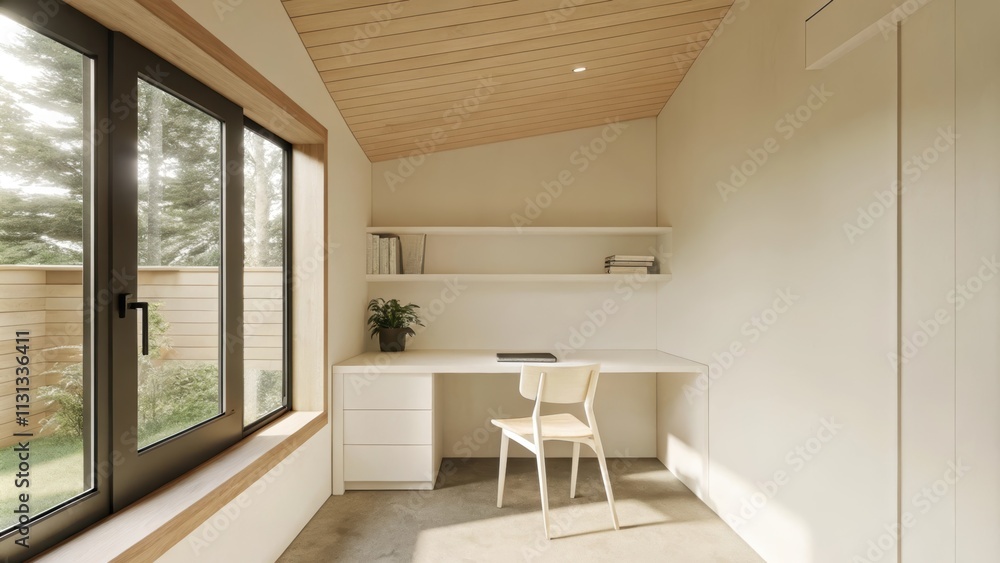 Fototapeta premium A tranquil home office featuring a simple white desk and a lightweight chair positioned near a large window. Minimal decor adorns the walls with a solitary shelf holding a few