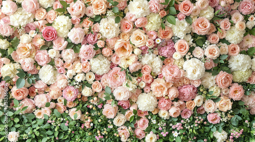 backdrop featuring a vibrant flower wall. T a lush, vertical garden of mixed blooms, such as roses, peonies, hydrangeas, and greenery in a gradient of pastel tones.