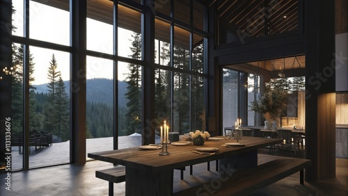 The openconcept dining area showcases expansive windows that overlook a tranquil forest. A rustic wooden table is set for dinner with candlelight and floral centerpieces that catch