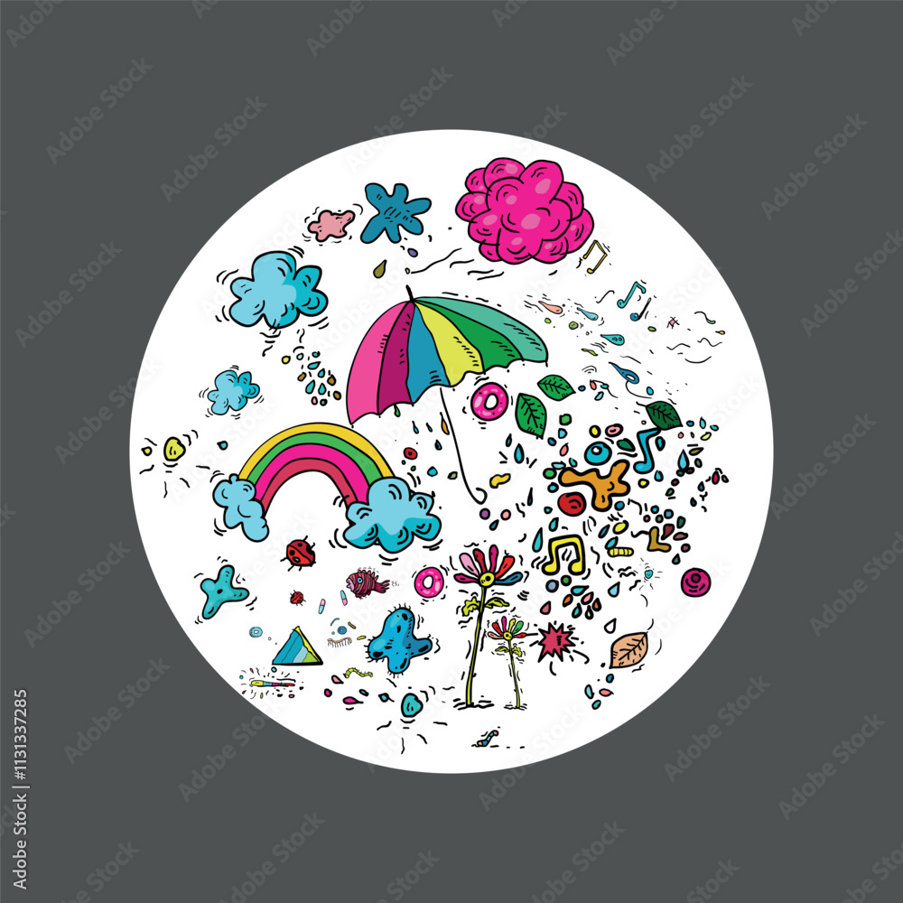 Fototapeta premium Illustration of rainbow, umbrella, clouds and flowers