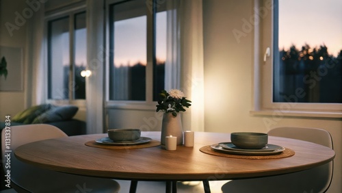 A minimalist dining area featuring a round wooden table set for two enhanced by the warm glow of the evening light spilling through large windows highlighting the simplicity of