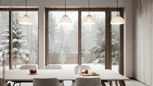 A minimalist dining area featuring a long white table set with simple ceramic dishware. Pendant lighting casts a warm glow enhancing the atmosphere against a backdrop of