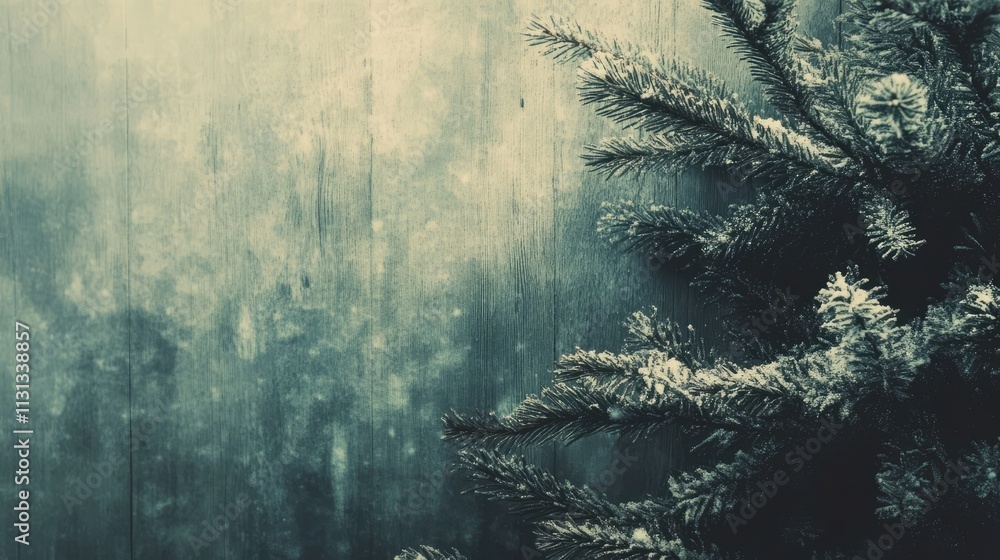 Obraz premium Vintage Christmas tree branches against a rustic wooden backdrop with a faintly toned background for a festive atmosphere