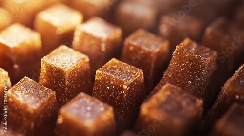 Macro shot of brown sugar cubes with a warm background highlighting texture and details suitable for culinary and food-related themes photo