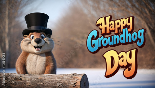 A cheerful cartoon groundhog with big eyes and a black top hat sits on a wooden log in a snowy outdoor setting with colorful, bold text that reads 