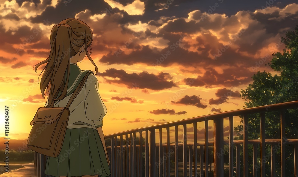 Fototapeta premium Anime Girl Contemplates Sunset Sky Bridge Scene