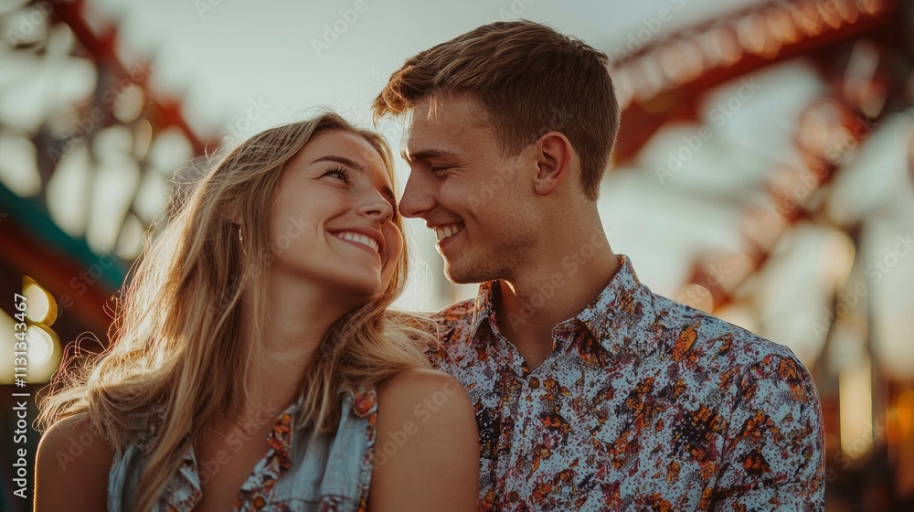 Naklejka premium Two young adults share laughter and affection as they savor a fun-filled day at an amusement park, surrounded by thrilling rides against a vibrant sunset backdrop
