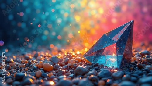 Split light rainbows. Colorful refraction through a large hexagrid of pyramidal glass sculptures in an open atrium