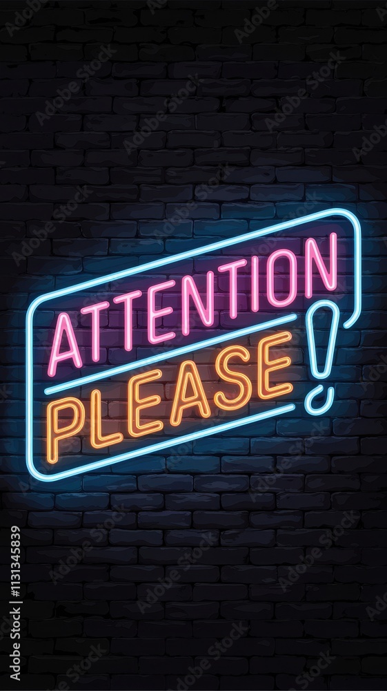 Obraz premium Red neon Attention Please with exclamation mark on dark brick wall