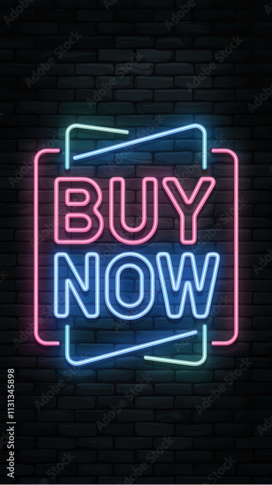 Obraz premium Neon Buy Now text in bold font with light gray background