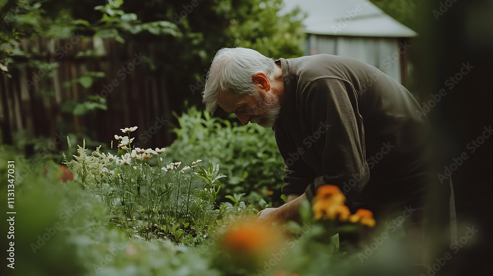 Fototapeta premium Elderly Man Tending to His Garden 